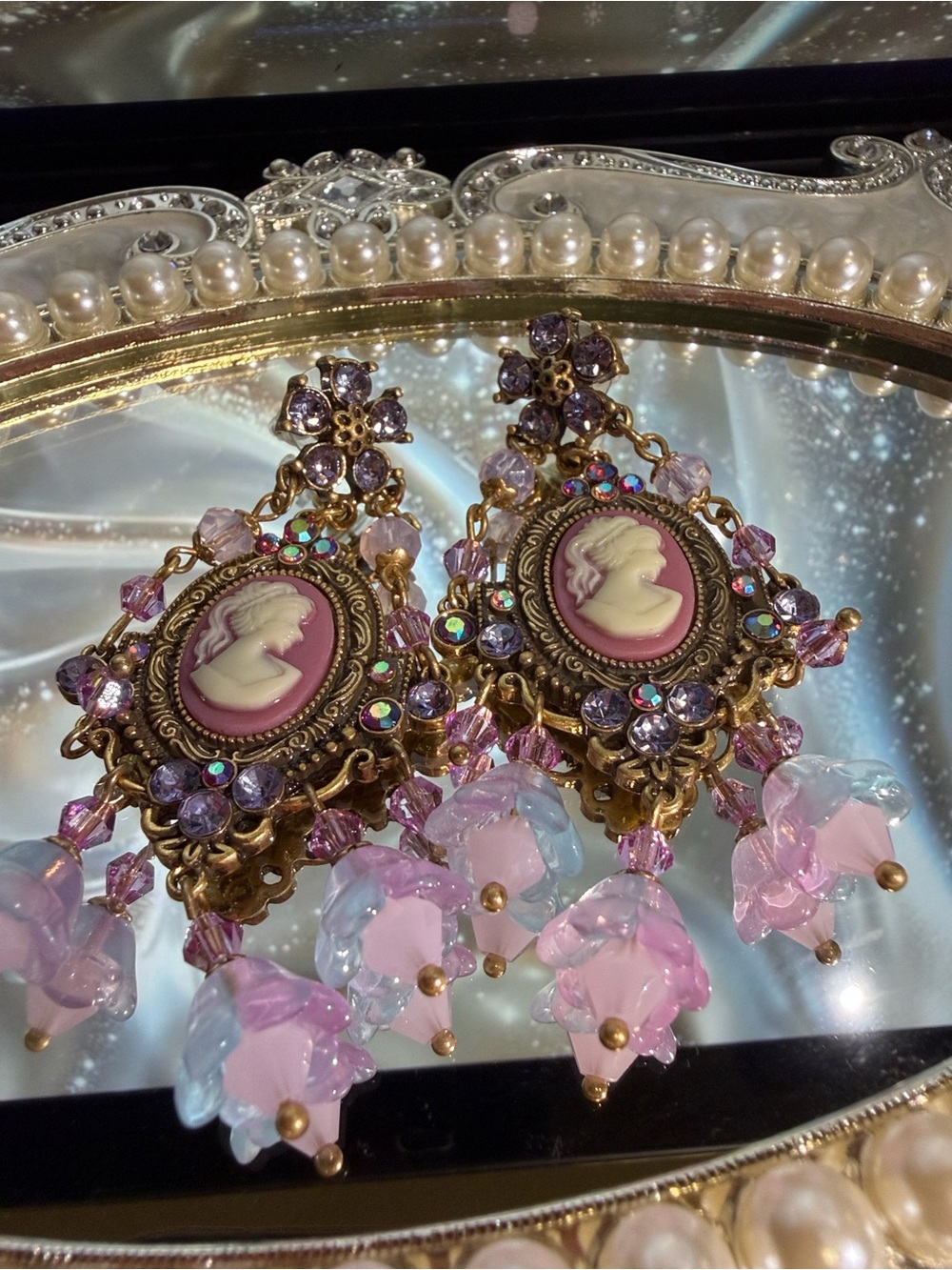 Kirks Folly Lavender and Blue Cameo Drop Earrings - Gold Tone